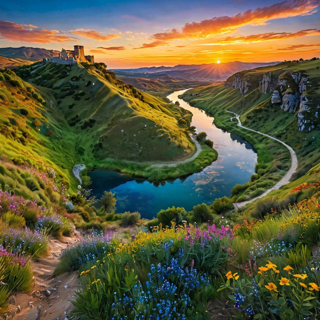A breathtaking view of the Monte Castelo landscape, showcasing lush green hills, vibrant wildflowers, and a serene blue sky. Happy explorers are hiking along a winding trail, capturing moments with cameras, while a colorful sunset bathes the scene in golden light. A peaceful river gently flows nearby, reflecting the beauty of nature. super-realistic. vibrant colors. 3D.