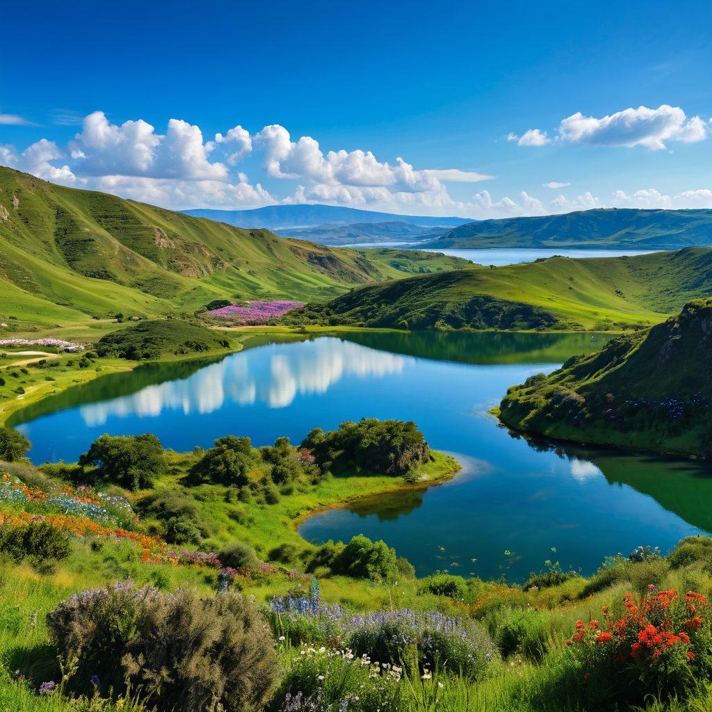 A panoramic view of Monte Castelo showcasing lush green hills, a serene lake reflecting the blue sky, and colorful wildflowers in the foreground. Include cheerful travelers enjoying the scenery, with local wildlife like birds and butterflies in the scene. The atmosphere should convey joy and tranquility, capturing the essence of a scenic haven. vibrant colors. super-realistic.