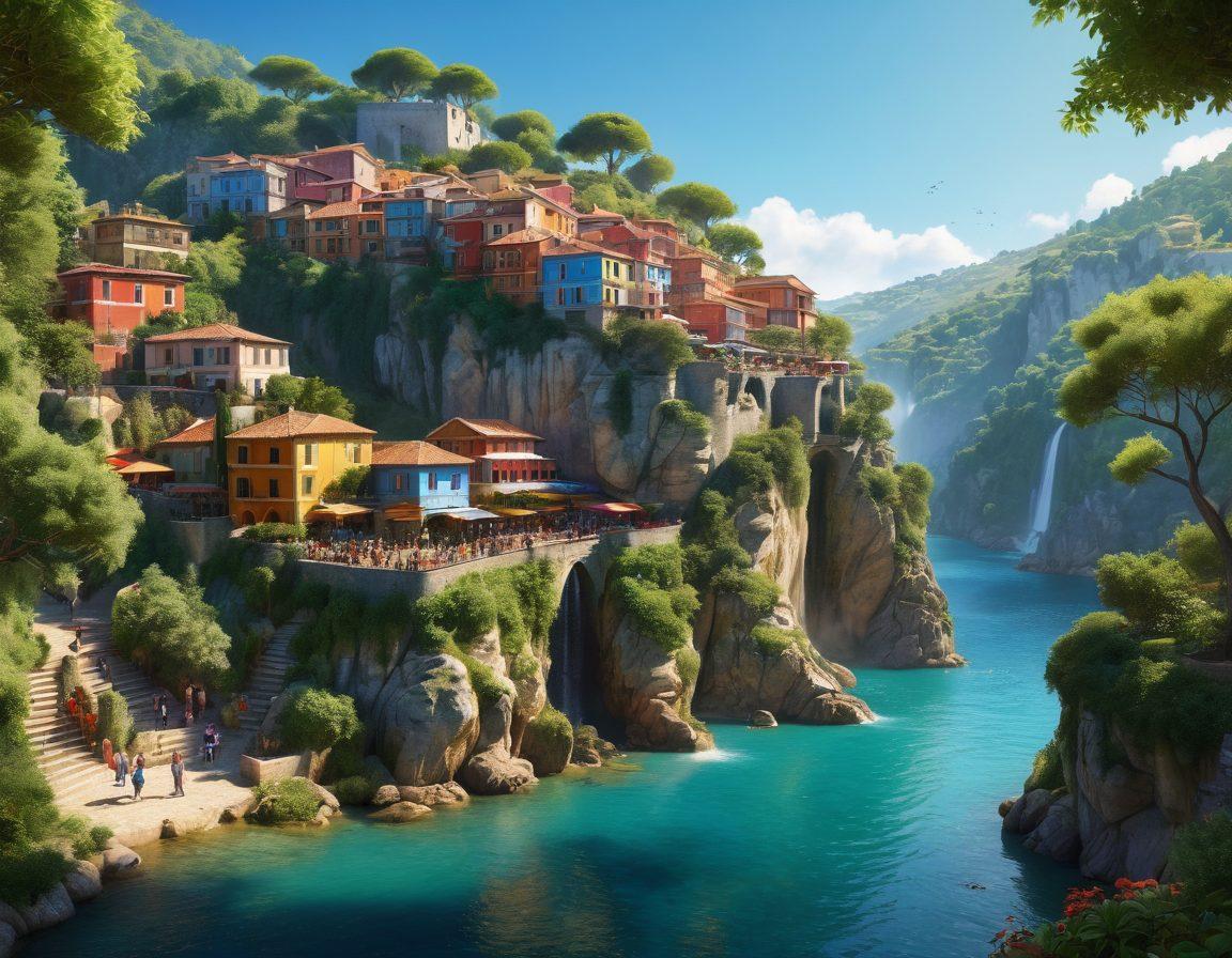A breathtaking landscape of Monte Castelo, showcasing vibrant greenery, cascading waterfalls, and scenic hiking trails. Include a warm, welcoming community gathering with locals enjoying traditional festivities, surrounded by colorful market stalls. Incorporate a clear blue sky and sunlight streaming through trees, highlighting the joyous atmosphere. Captivate viewers with rich textures and lively colors of nature and culture combined. super-realistic. vibrant colors. 3D.